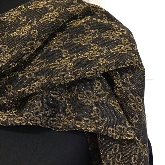 Black Gold Metallic Fringe Scarf Shawl Wrap Evening Wedding Party 75"x18" - Picture 9 of 11